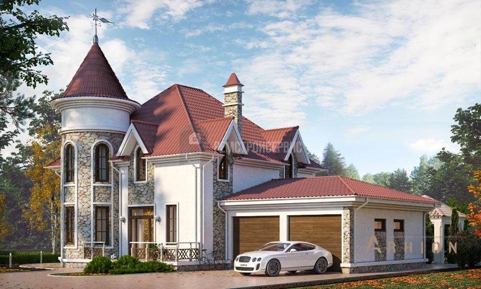 2. Проект одноэтажного дома в викторианском стиле с многоскатной кровлей, t-14-01, площадью - 210 кв c мансардой, терассой, балконом, гаражом, эркером